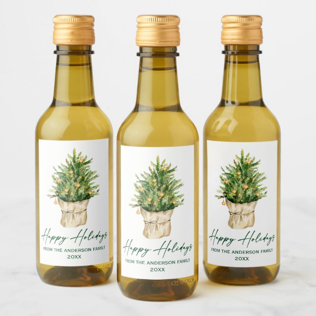 Aquarell Tree Calligrafy Ink Holiday Mini Weinetikett (Flaschen)