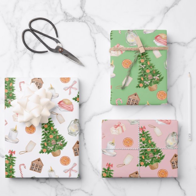 Aquarell Treegeschenke Süßigkeiten Cane Weihnachts Geschenkpapier Set (Vorderseite)