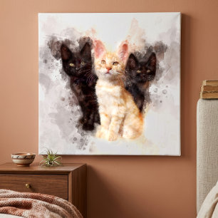 Aquarell-Trio aus süßen schwarzen und orangefarben Leinwanddruck