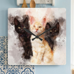 Aquarell-Trio aus süßen schwarzen und orangefarben Quadratische Wanduhr