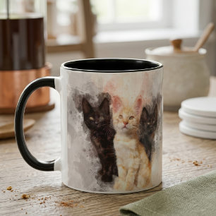 Aquarell-Trio aus süßen schwarzen und orangefarben Tasse