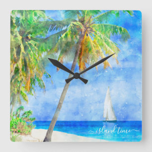Aquarell-Tropeninsel-Strand-Palmenbaum Quadratische Wanduhr