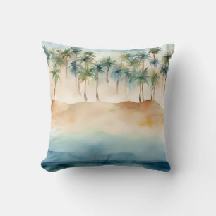 Aquarell-Tropenstrand Szene Palmen Sand Ozean Kissen