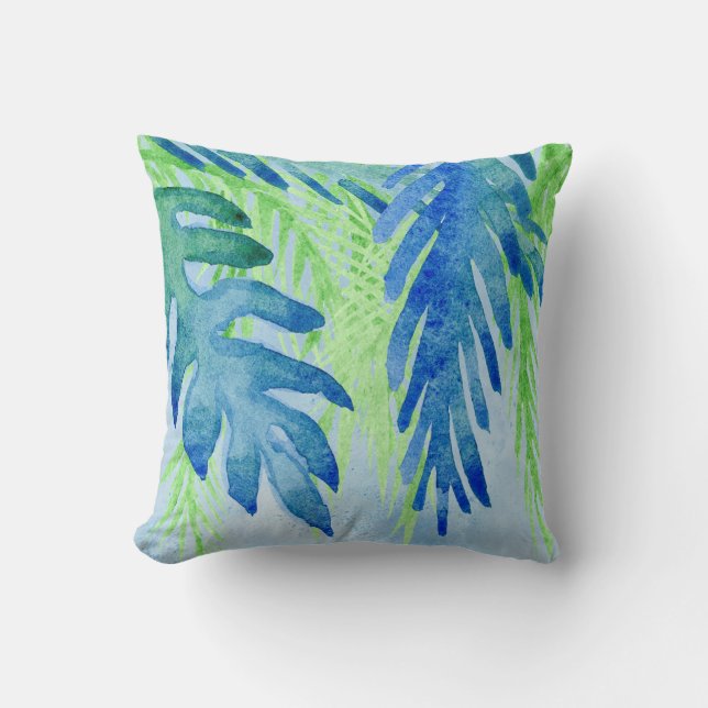 Aquarell Tropical Blätter Beach Blue Green Kissen (Vorderseite)