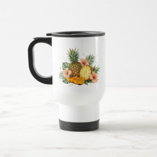 Aquarell-Tropische-Ananas-und-Hibiskusblüte Reisebecher
