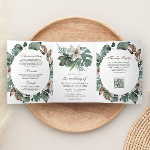 Aquarell-Tropische-Blätter-Blumen-QR-Code-Hochzeit Dreifach Gefaltete Einladung