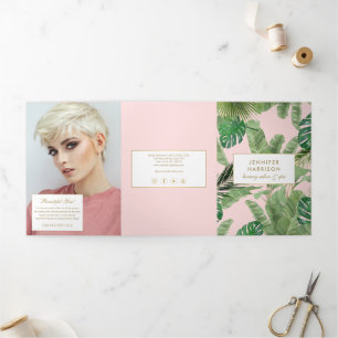 Aquarell-Tropische-Blätter-Rosa-Salonbroschüre Dreifach Gefaltete Karte