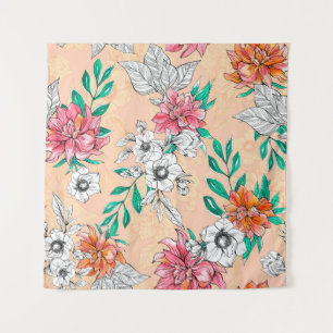 Aquarell tropische Blumen, nahtlos, romantisch pa Wandteppich