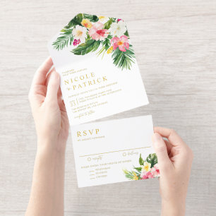 Aquarell-Tropische-Blumen-und-Grün-Hochzeit All-in-One-Einladung