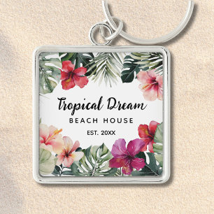 Aquarell-Tropische-Floral-Botanische-Strandhaus Schlüsselanhänger