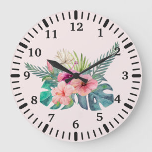 Aquarell-Tropische-Rosa-Hibiskusblüten Große Wanduhr