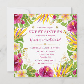 Aquarell-Tropische-Sommerblumen-Rahmen Sweet 16 Einladung