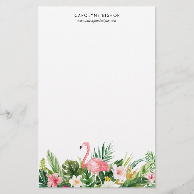 Aquarell-tropischer Flamingo BlumenStaionery Briefpapier (Vorderseite)