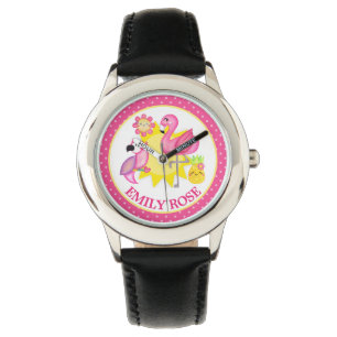 Aquarell-Tropischer-Sommer-Flamingo & Papagei Armbanduhr