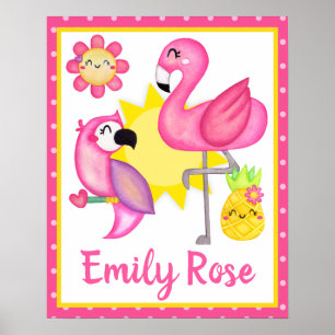 Aquarell-Tropischer-Sommer-Flamingo & Papagei Poster