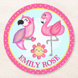 Aquarell-Tropischer-Sommer-Flamingo & Papagei Runder Pappuntersetzer