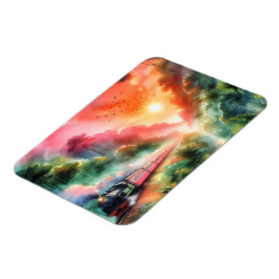 Aquarell-Tropischer-Sonnenuntergang-Zugreise Magnet