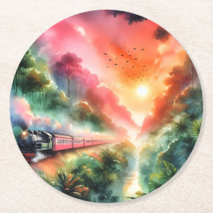 Aquarell-Tropischer-Sonnenuntergang-Zugreise Runder Pappuntersetzer