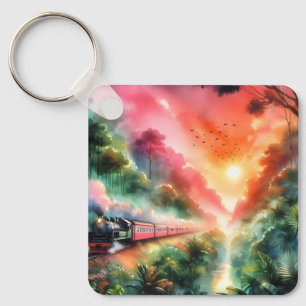 Aquarell-Tropischer-Sonnenuntergang-Zugreise Schlüsselanhänger