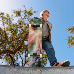 Aquarell-Tropischer-Sonnenuntergang-Zugreise Skateboard