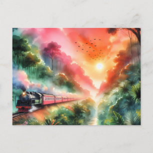 Aquarell-Tropischer-Sonnenuntergangs-Zug-Reise Ankündigungspostkarte