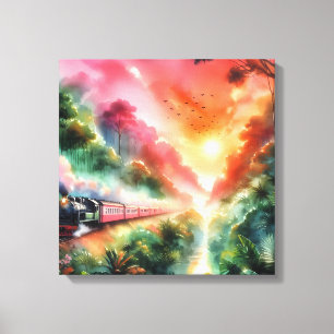 Aquarell-Tropischer-Sonnenuntergangs-Zug-Reise Leinwanddruck