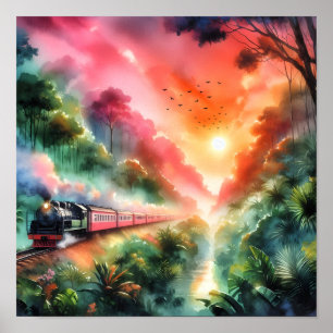 Aquarell-Tropischer-Sonnenuntergangs-Zug-Reise Poster