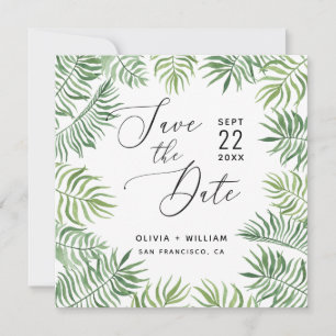 Aquarell tropisches Grün. Blattwedel-Hochzeit Save The Date