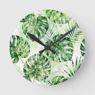 Aquarell-Tropisches Monstera-Palmenblätter-Muster Runde Wanduhr