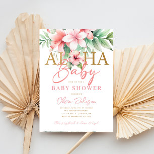 Aquarell-Tropisches-Rosa-Blumen-Aloha-Baby-Party Einladung
