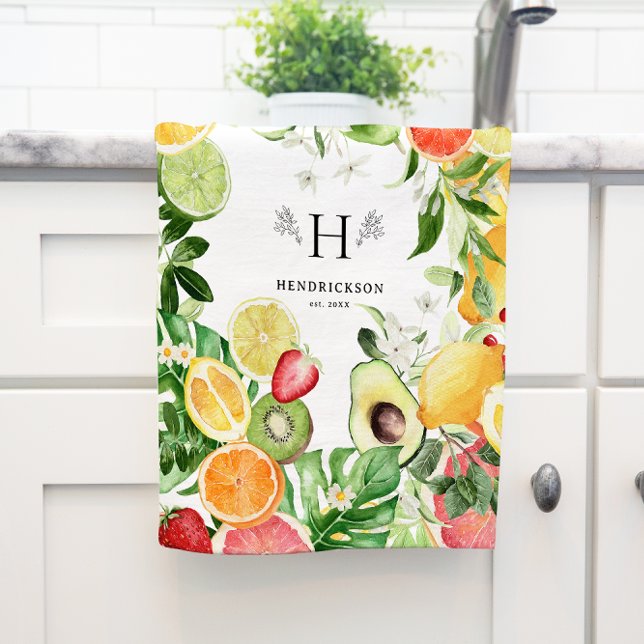 Aquarell-Tropisches-Zitrusfrucht-Monogramm Geschirrtuch (Von Creator hochgeladen)