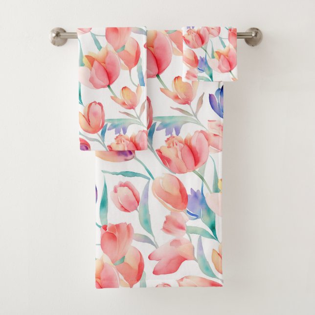Aquarell Tulips Muster Badezimmer Handtuchhandtuch Badhandtuch Set (Insitu)