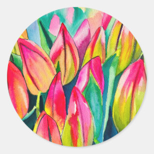 Aquarell-Tulpen-Kunst in Rosa Runder Aufkleber