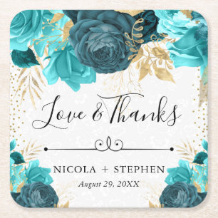 Aquarell Türkis und Gold Blumen Hochzeit Rechteckiger Pappuntersetzer