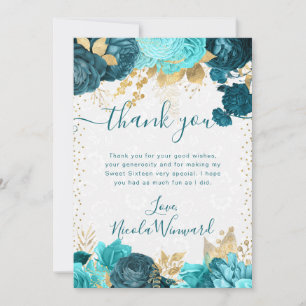 Aquarell Türkis und Gold Blumen Sweet 16 Dankeskarte