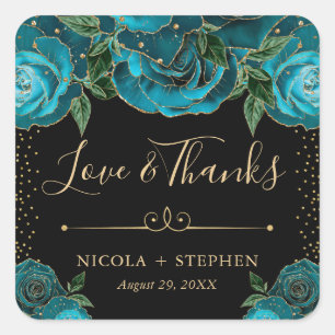 Aquarell Türkis und Gold Glam Rosen Hochzeit Quadratischer Aufkleber