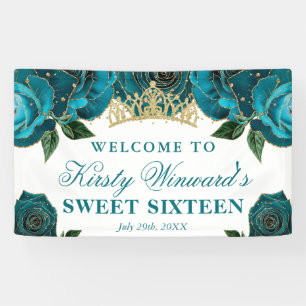 Aquarell Türkis und Gold Rosen Sweet Sixteen Banner