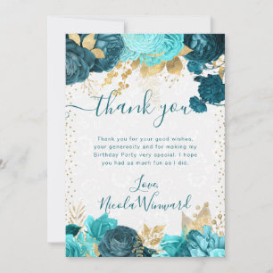 Aquarell Türkis- und Goldblumen Geburtstag Dankeskarte