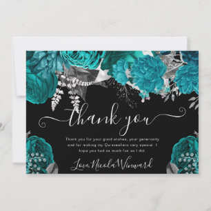 Aquarell Türkis und Silber Rosen Quinceanera Dankeskarte