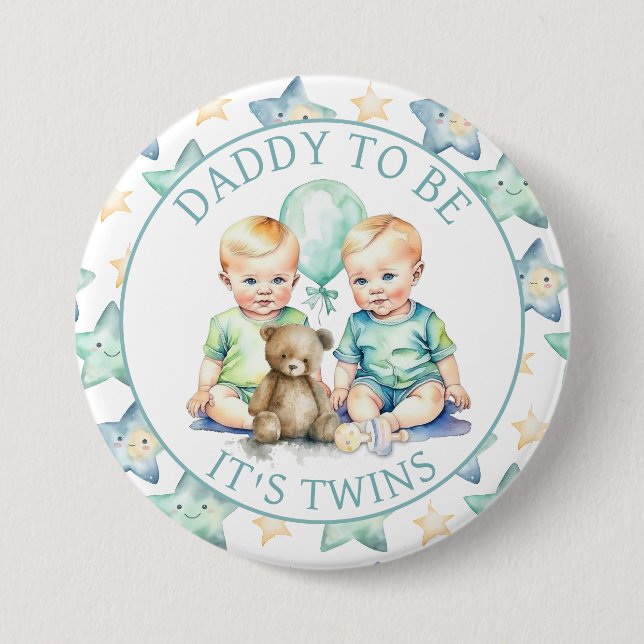 Aquarell Twin Boys Baby Dusche Vater zu sein Button (Vorderseite)