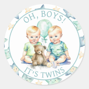 Aquarell Twin Boys Babydusche   Oh, Jungs! Runder Aufkleber