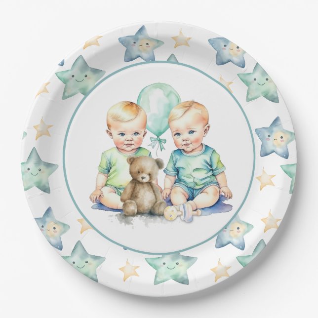 Aquarell Twin Boys Babydusche Pappteller (Vorderseite)