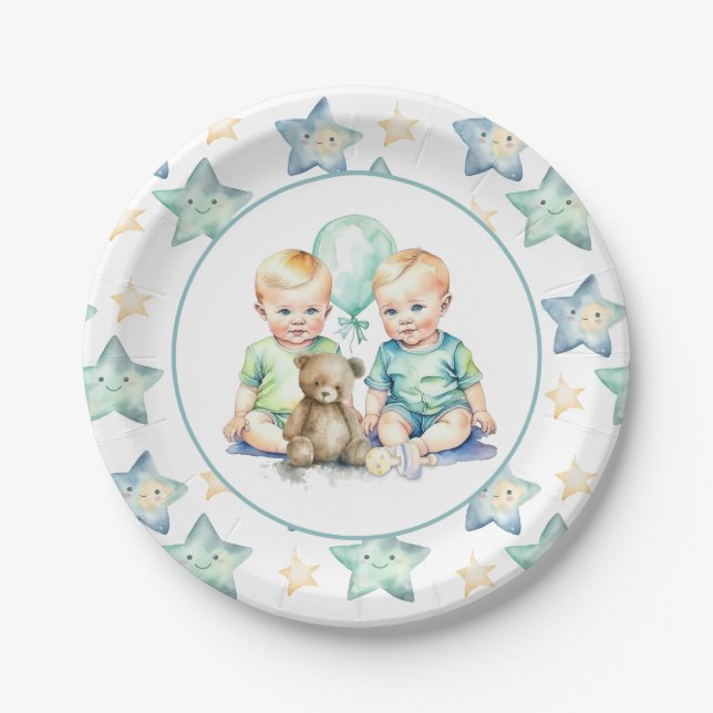 Aquarell Twin Boys Babydusche Pappteller (Vorderseite)