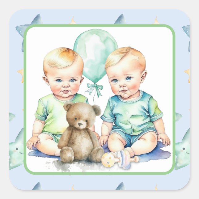 Aquarell Twin Boys Babydusche Quadratischer Aufkleber (Vorderseite)