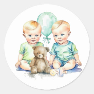 Aquarell Twin Boys Babydusche Runder Aufkleber