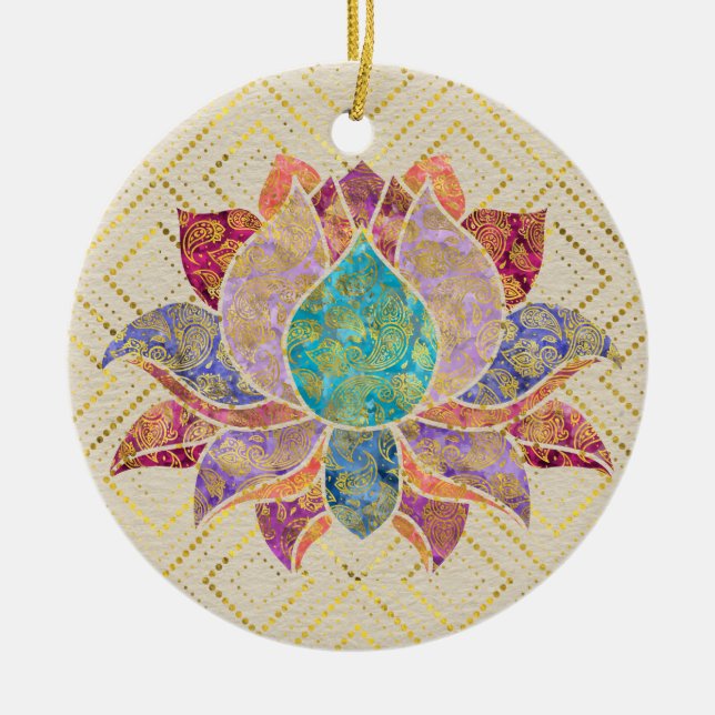 Aquarell u. Gold Paisley verzierten Lotos Keramik Ornament (Vorne)