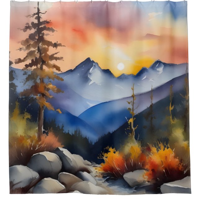 Aquarell über schneebedeckte Berge Duschvorhang (Vorderseite)