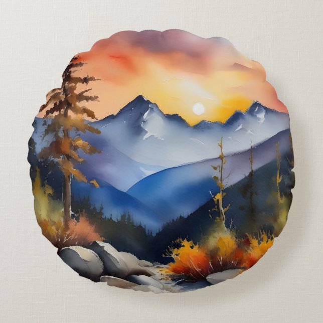 Aquarell über schneebedeckte Berge Rundes Kissen (Vorderseite)