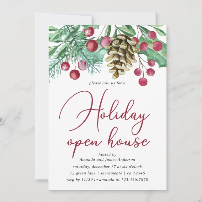 Aquarell und Berries Holiday Open House Einladung (Vorderseite)