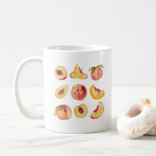 Aquarell und farbenfrohe frische Pfirsichscheiben, Kaffeetasse